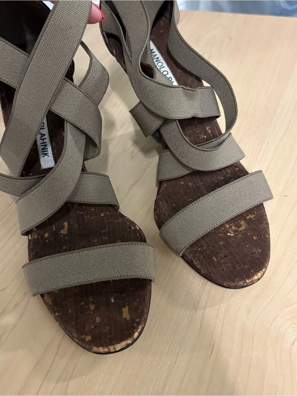 Manolo Blahnik Taupe Elastic Strappy Cork Wedge Heels